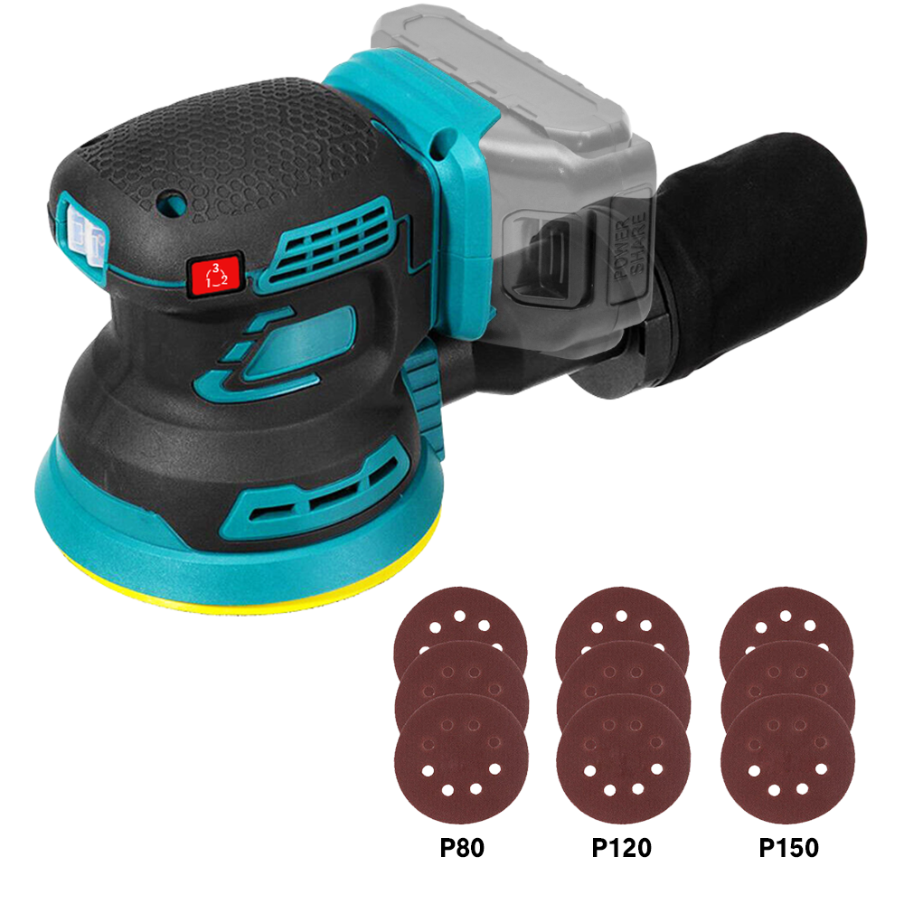 21V Li-ion Cordless Orbital Sander 125mm Electric Brushless Polisher 3 Variable Speed 8000-12000RPM with 9 Sandpaper and Dust Bag Tool Skin Only