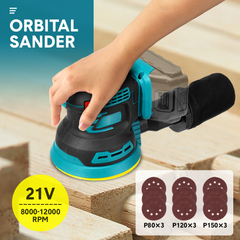 21V Li-ion Cordless Orbital Sander 125mm Electric Brushless Polisher 3 Variable Speed 8000-12000RPM with 9 Sandpaper and Dust Bag Tool Skin Only