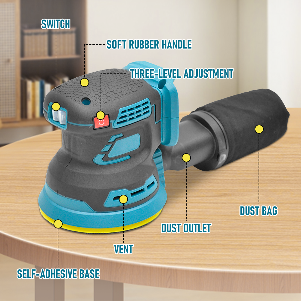 21V Li-ion Cordless Orbital Sander 125mm Electric Brushless Polisher 3 Variable Speed 8000-12000RPM with 9 Sandpaper and Dust Bag Tool Skin Only