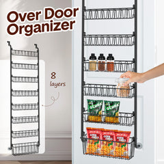 Over Door Organizer 8 Tier Detachable Basket Metal Hanging Pantry Organizer Hanging Storage Door Organization for Bedroom Bathroom Kitchen Black