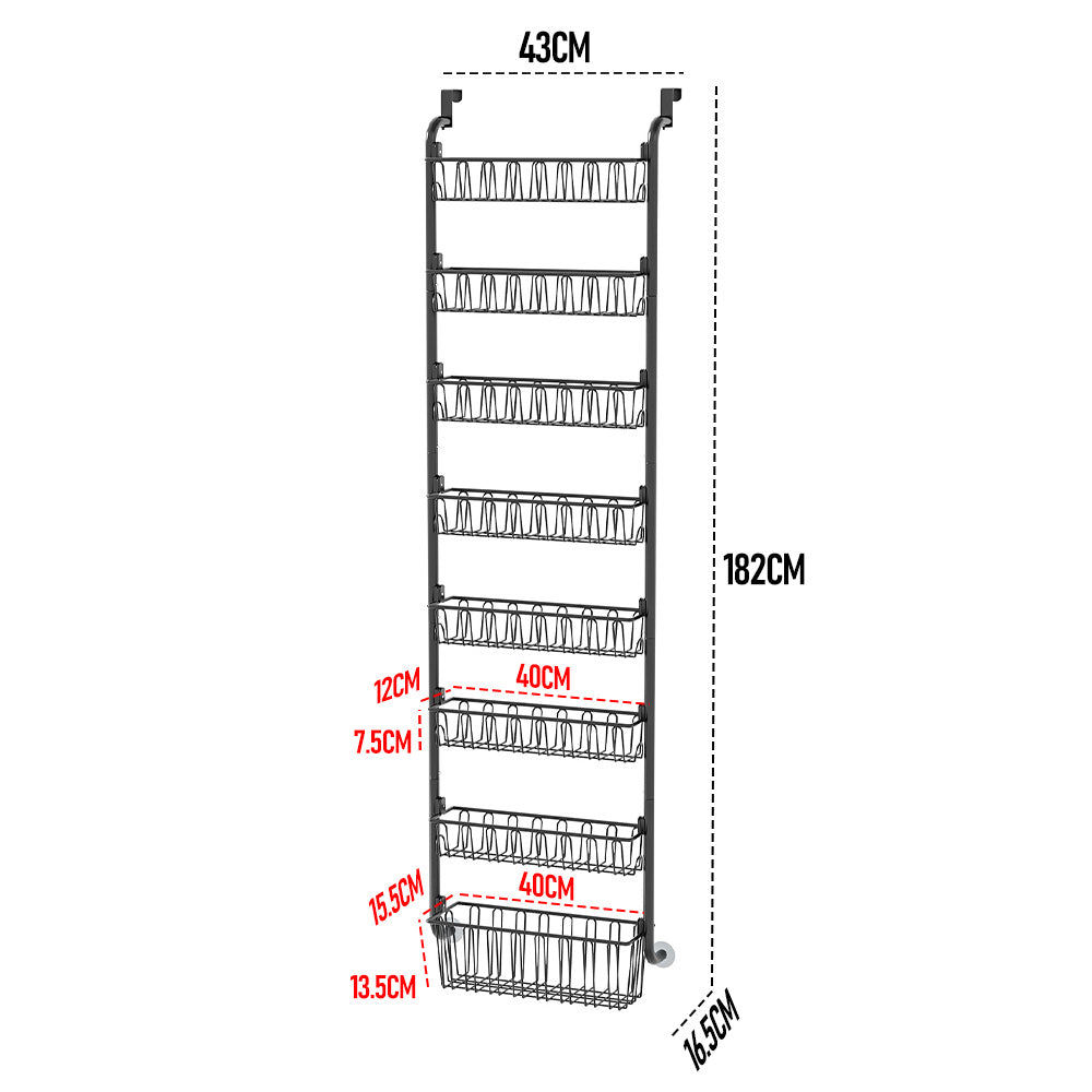 Over Door Organizer 8 Tier Detachable Basket Metal Hanging Pantry Organizer Hanging Storage Door Organization for Bedroom Bathroom Kitchen Black