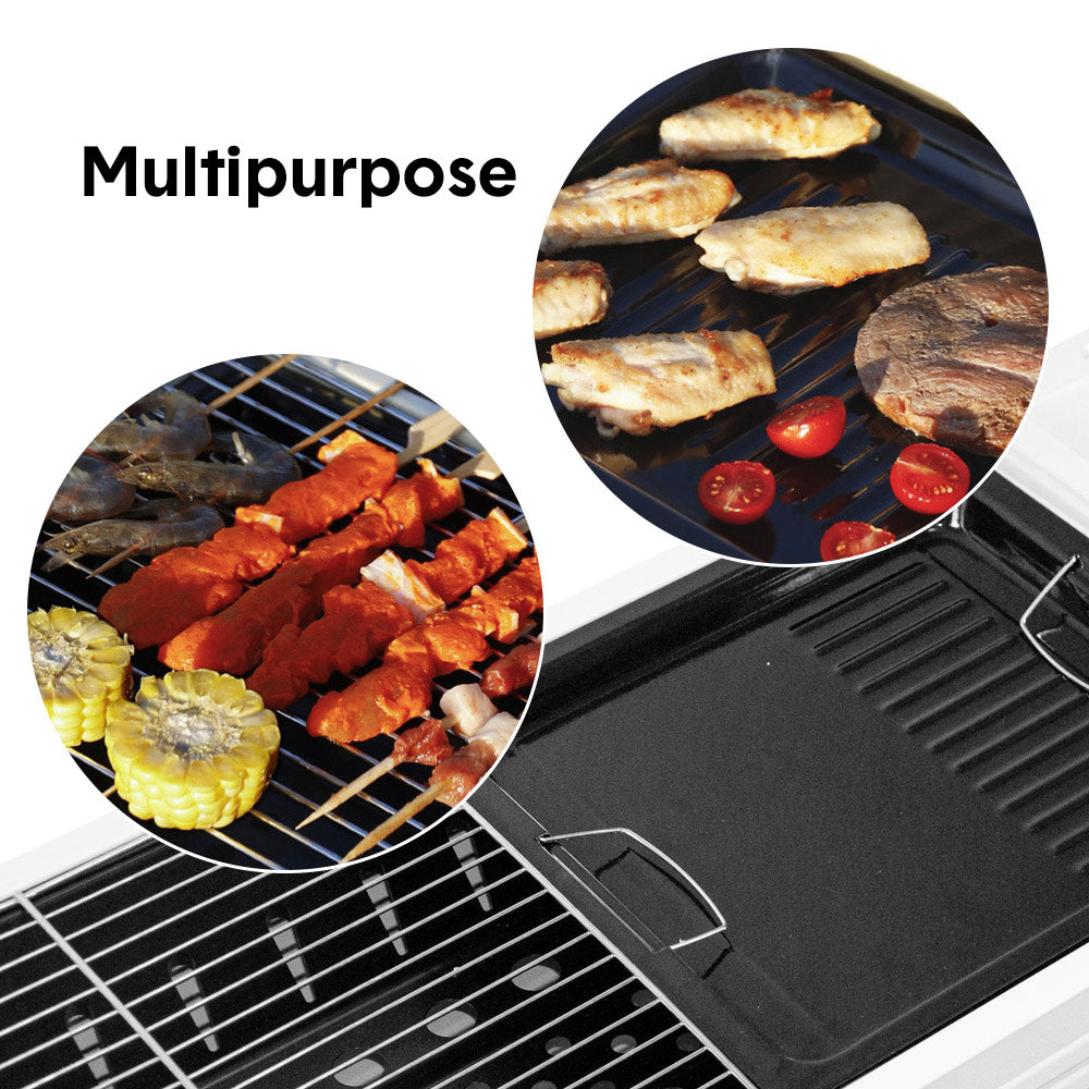 Portable Large Barbecue Charcoal Grill Stove Foldable Kebab Stainless Steel BBQ Grill With 2 Grill Nets 2 Enamel Baking Pans And Tong Outdoor Camping Patio