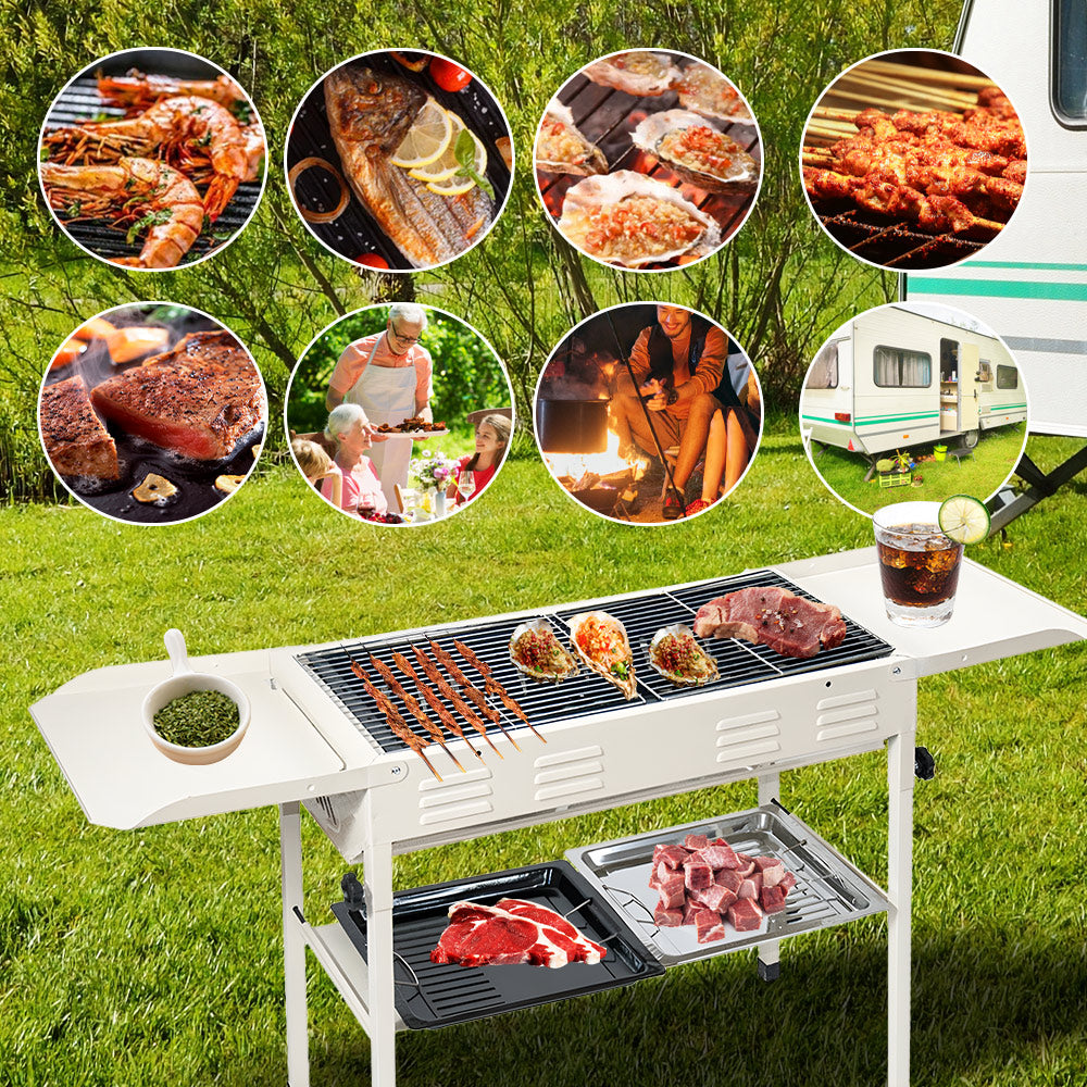 Portable Large Barbecue Charcoal Grill Stove Foldable Kebab Stainless Steel BBQ Grill With 2 Grill Nets 2 Enamel Baking Pans And Tong Outdoor Camping Patio