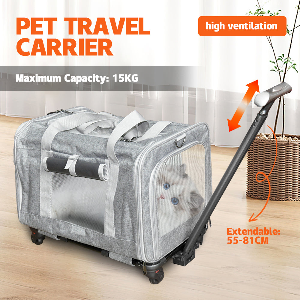 Pet Rolling Travel Carrier Pet Rolling Luggage Trolley Case for Pet up to 7.5kg With Handle Four Wheels Shoulder Strap and Pet Cushion for Cat Dog Grey