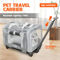 Pet Rolling Travel Carrier Pet Rolling Luggage Trolley Case for Pet up to 7.5kg With Handle Four Wheels Shoulder Strap and Pet Cushion for Cat Dog Grey