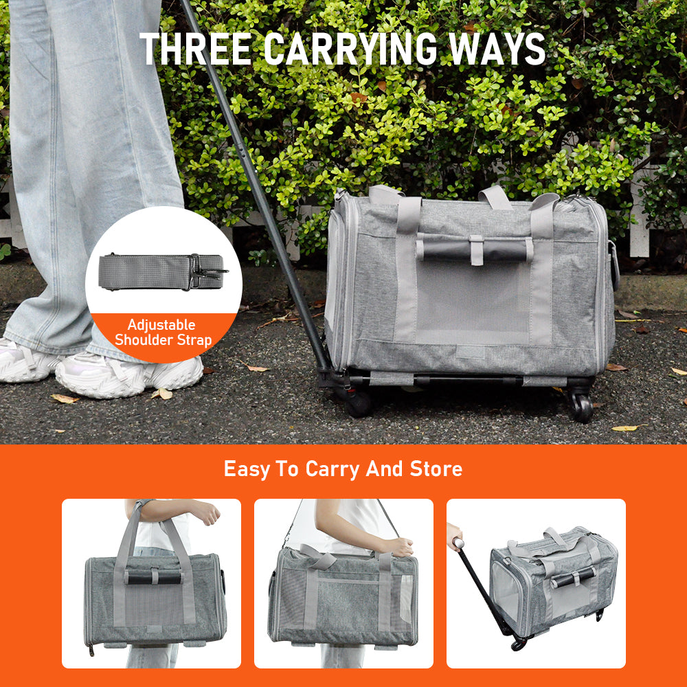 Pet Rolling Travel Carrier Pet Rolling Luggage Trolley Case for Pet up to 7.5kg With Handle Four Wheels Shoulder Strap and Pet Cushion for Cat Dog Grey