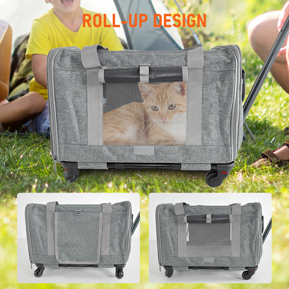 Pet Rolling Travel Carrier Pet Rolling Luggage Trolley Case for Pet up to 7.5kg With Handle Four Wheels Shoulder Strap and Pet Cushion for Cat Dog Grey