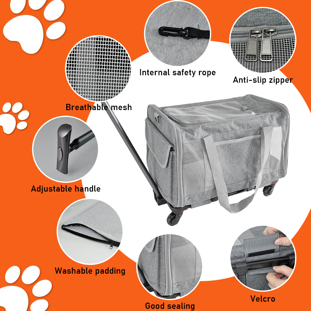 Pet Rolling Travel Carrier Pet Rolling Luggage Trolley Case for Pet up to 7.5kg With Handle Four Wheels Shoulder Strap and Pet Cushion for Cat Dog Grey