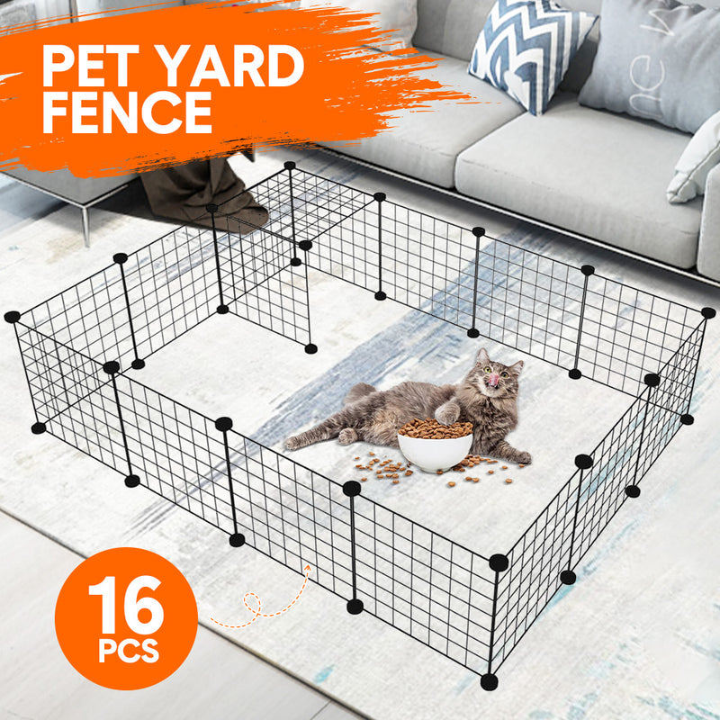 Pet Playpen Foldable Metal Pet Cage Enclosure Puppy Fence 16 Panels with Connection Clips for Small Animal Puppy Rabbit Kitten Turtle Indoor Outdoor Black