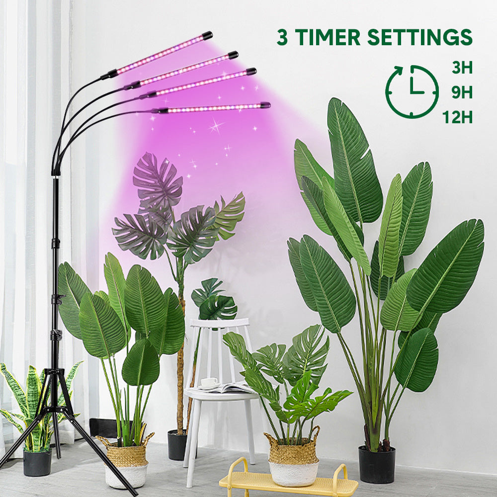 LED Grow Light 4 Head Full-Spectrum Floor Plant Lamp with 3/9/12H Timer Adjustable Tripod Stand and Remote Control for Indoor Plant Growth Seed Starting