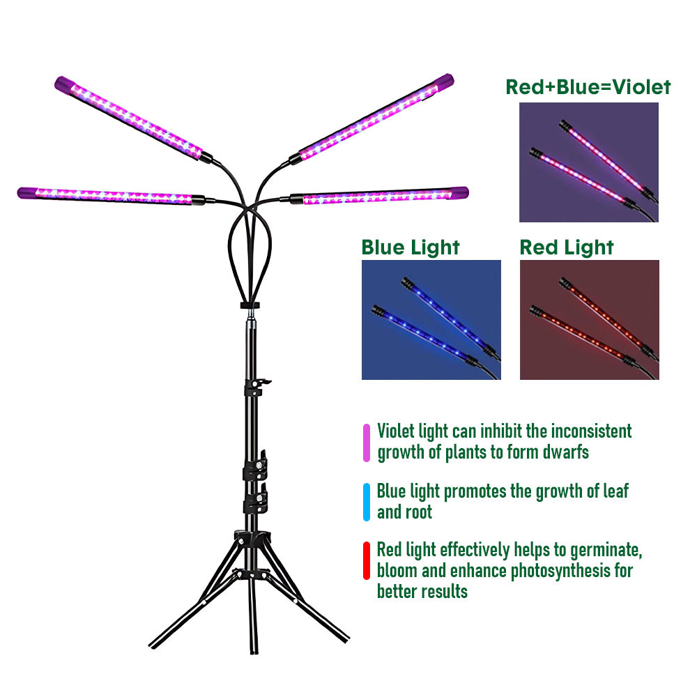 LED Grow Light 4 Head Full-Spectrum Floor Plant Lamp with 3/9/12H Timer Adjustable Tripod Stand and Remote Control for Indoor Plant Growth Seed Starting