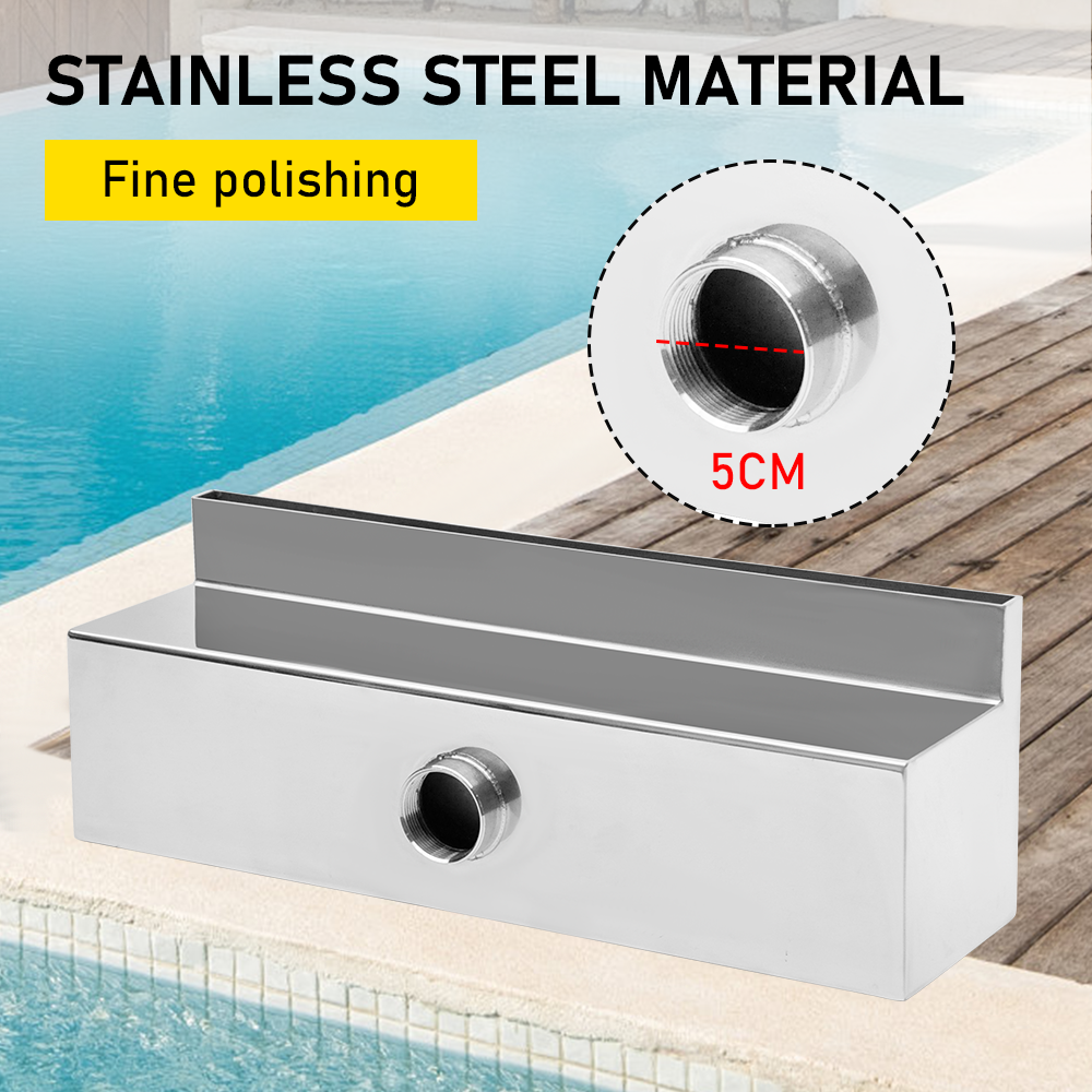 Pool Fountain Stainless Steel Pool Waterfall Wall Mounted Rectangular 50cm Wide Outlet Spillway with Pipe Connector for Garden Outdoor Pools Fountains Pond