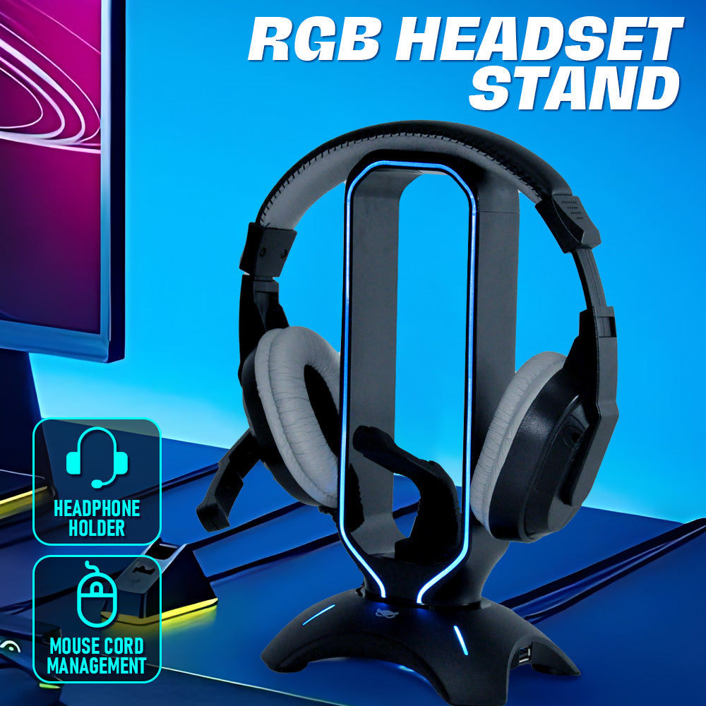 RGB Gaming Headset Stand Headphone Holder Universal Stand Desk Organizer with 3 USB 2.0 Charging Port and 8 Light Modes Mouse Wire Bungee Black