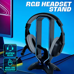 RGB Gaming Headset Stand Headphone Holder Universal Stand Desk Organizer with 3 USB 2.0 Charging Port and 8 Light Modes Mouse Wire Bungee Black