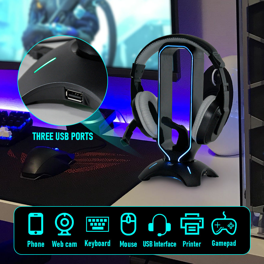 RGB Gaming Headset Stand Headphone Holder Universal Stand Desk Organizer with 3 USB 2.0 Charging Port and 8 Light Modes Mouse Wire Bungee Black