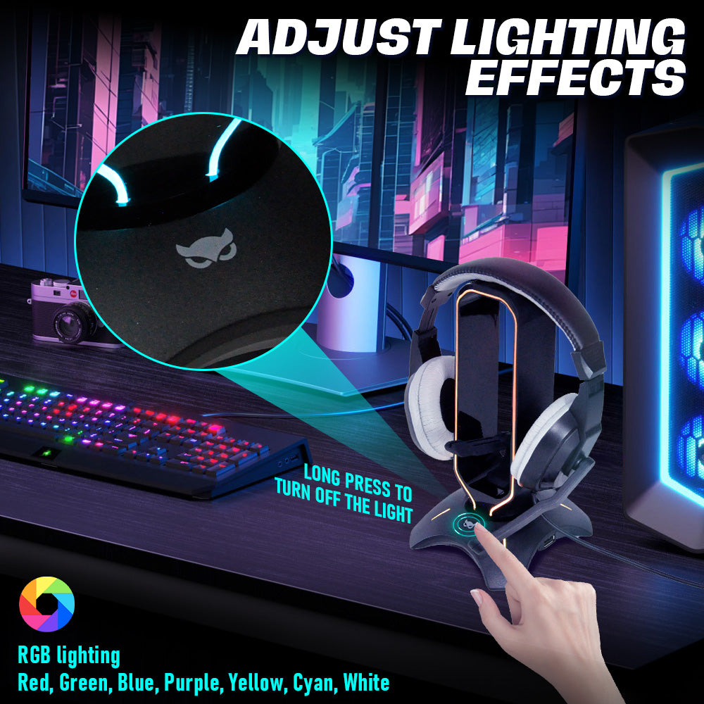 RGB Gaming Headset Stand Headphone Holder Universal Stand Desk Organizer with 3 USB 2.0 Charging Port and 8 Light Modes Mouse Wire Bungee Black