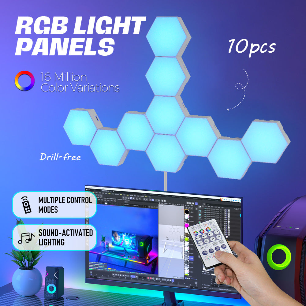 10 Pack Hexagon Lights LED Wall Panels RGB Gaming Wall Lights Hexagonal Modular Gaming Lights Smart APP/Remote Control for Gaming Room Bedroom Home Decor