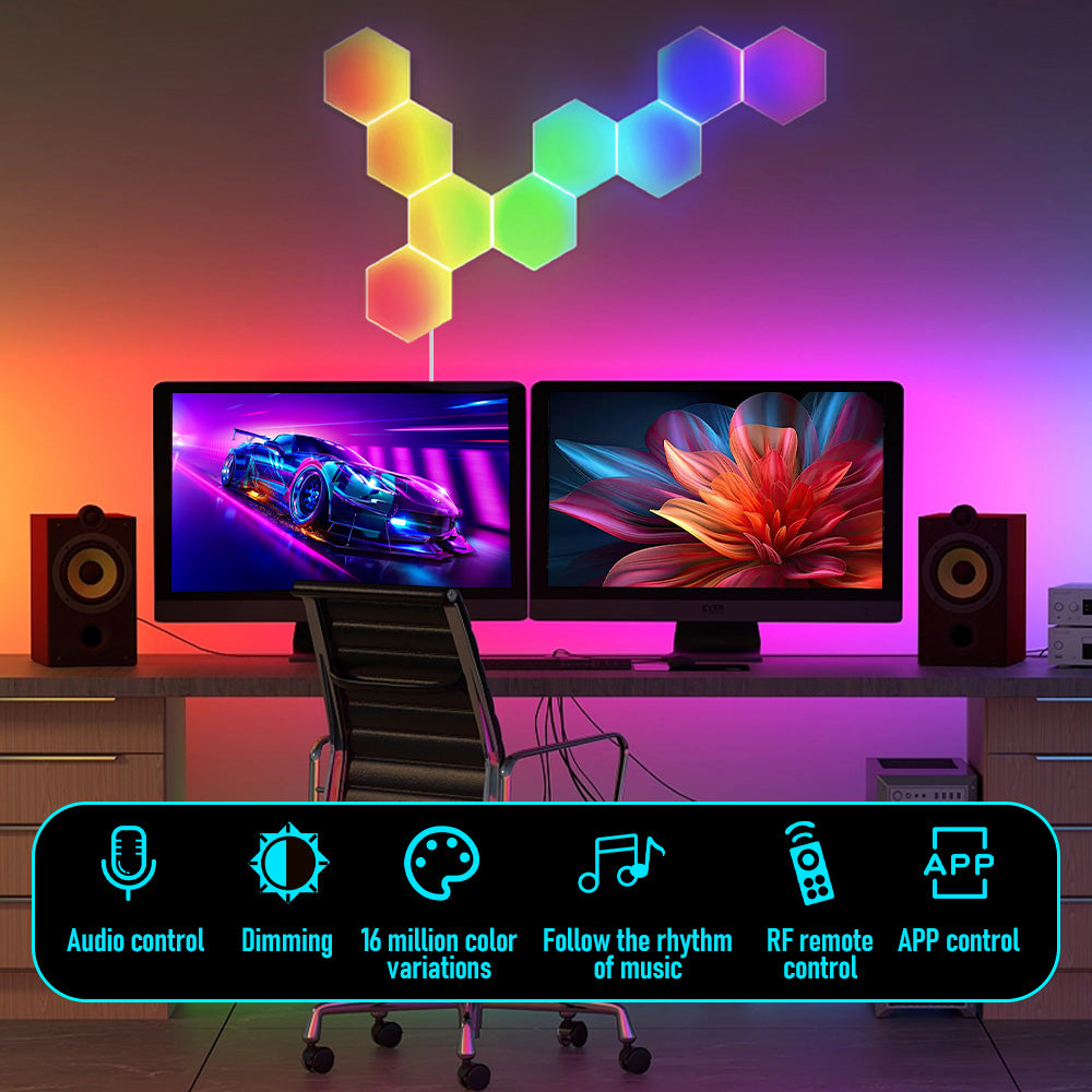 10 Pack Hexagon Lights LED Wall Panels RGB Gaming Wall Lights Hexagonal Modular Gaming Lights Smart APP/Remote Control for Gaming Room Bedroom Home Decor