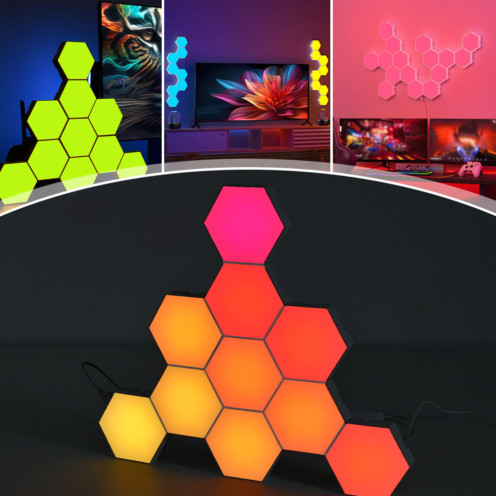 10 Pack Hexagon Lights LED Wall Panels RGB Gaming Wall Lights Hexagonal Modular Gaming Lights Smart APP/Remote Control for Gaming Room Bedroom Home Decor