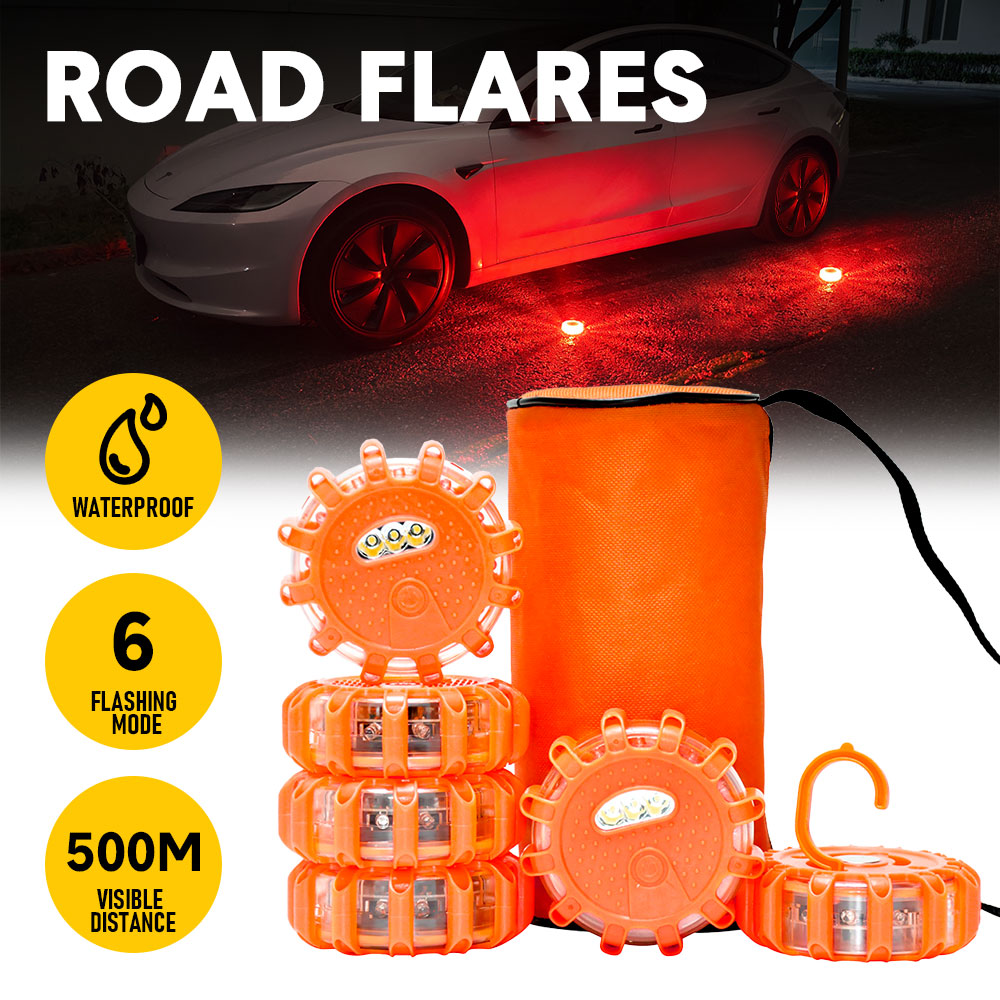 LED Road Flares 6 Pack Emergency Roadside Lights 9 Flash Modes Safety Flashing Warning Disc Flare Kit Waterproof with Magnetic Base for Car Truck Orange