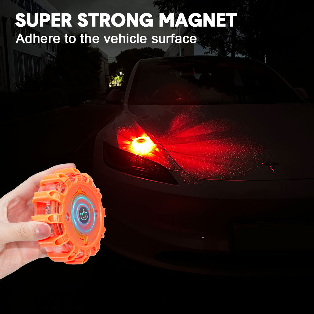 LED Road Flares 6 Pack Emergency Roadside Lights 9 Flash Modes Safety Flashing Warning Disc Flare Kit Waterproof with Magnetic Base for Car Truck Orange