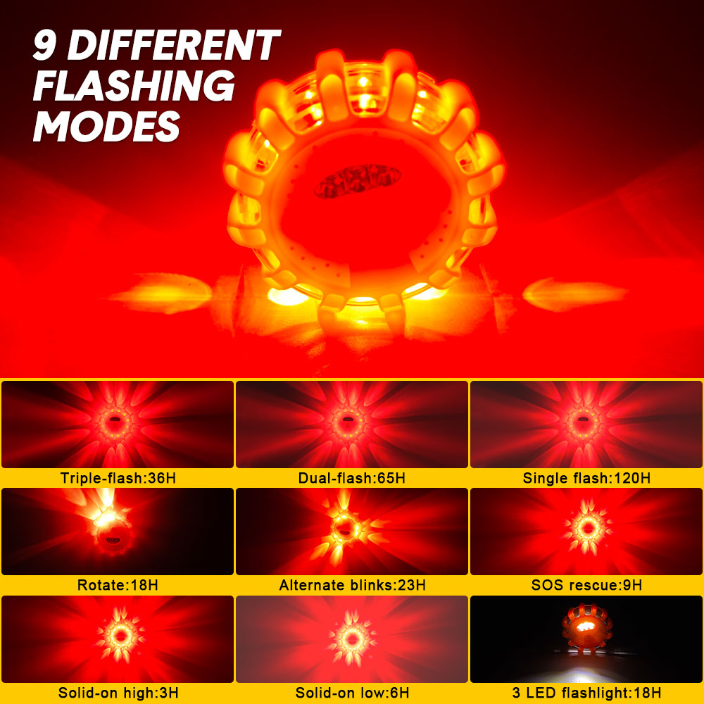 LED Road Flares 6 Pack Emergency Roadside Lights 9 Flash Modes Safety Flashing Warning Disc Flare Kit Waterproof with Magnetic Base for Car Truck Orange