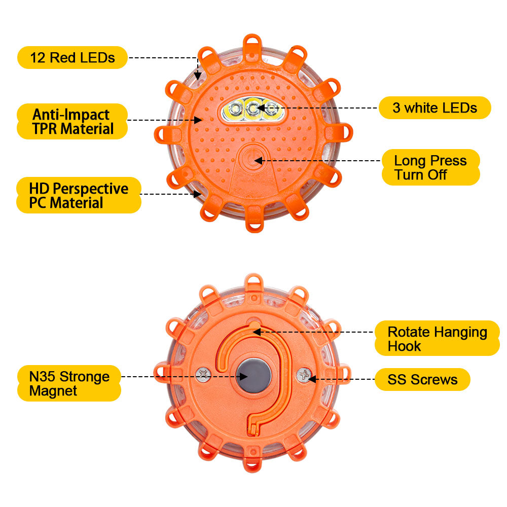 LED Road Flares 6 Pack Emergency Roadside Lights 9 Flash Modes Safety Flashing Warning Disc Flare Kit Waterproof with Magnetic Base for Car Truck Orange