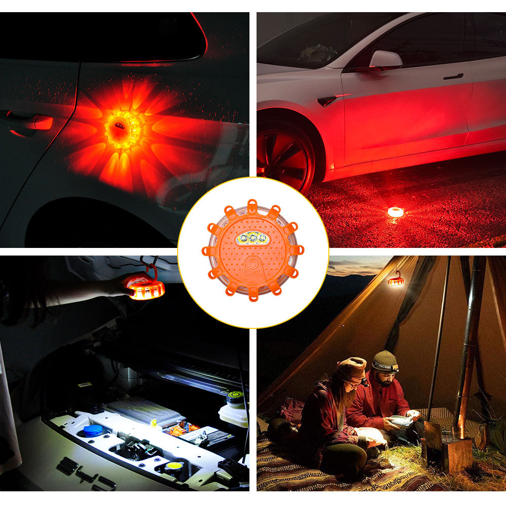 LED Road Flares 6 Pack Emergency Roadside Lights 9 Flash Modes Safety Flashing Warning Disc Flare Kit Waterproof with Magnetic Base for Car Truck Orange