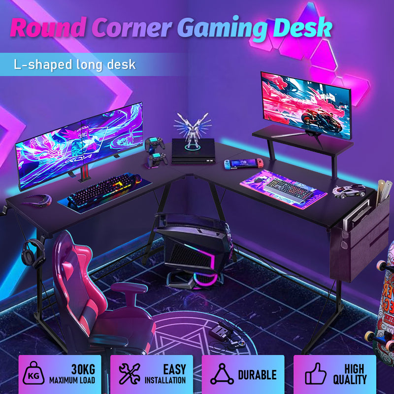 L Shaped Computer Desk Round Corner Gaming Desk PC Laptop Workstation Reversible Wood Table With Screen Stand and Foot Fest Bar Home Office Black