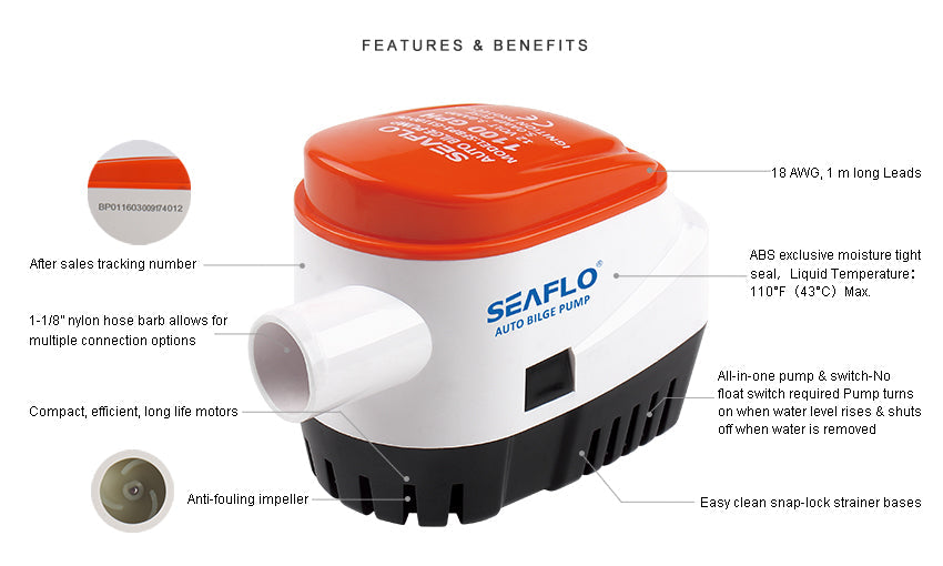 SEAFLO 12V 1100GPH Automatic Bilge Pump Marine Boat Auto Submersible Pump