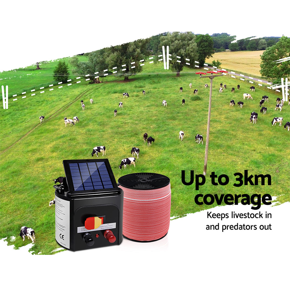 Giantz Fence Energiser 3KM Solar Powered Electric 2000M Poly Tape