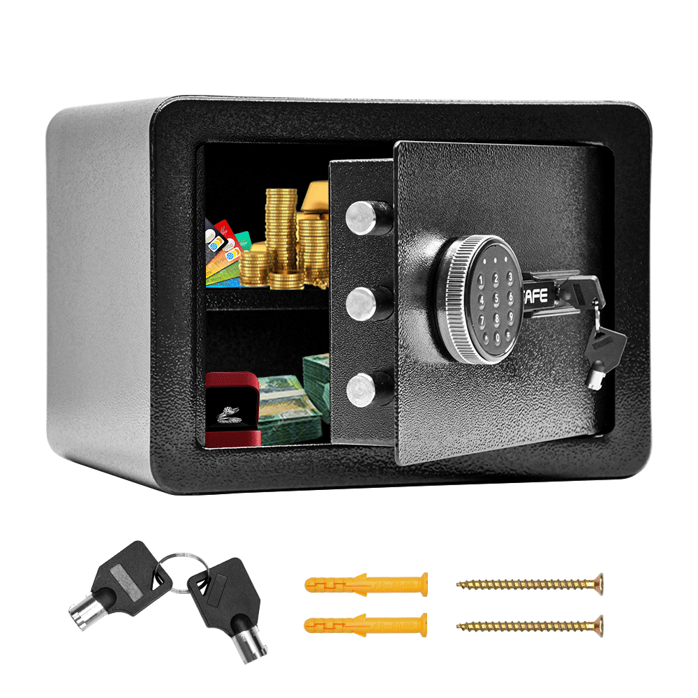 All Steel Safety Box Wall Mountable Fireproof Mini Safe Box Keypad and Key Dual Unlock Methods with Removable Shelf for Home Office Hotel Money Safe