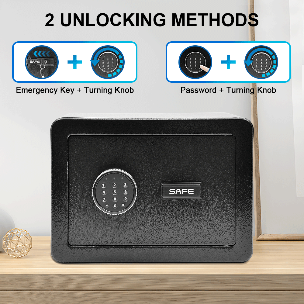 All Steel Safety Box Wall Mountable Fireproof Mini Safe Box Keypad and Key Dual Unlock Methods with Removable Shelf for Home Office Hotel Money Safe