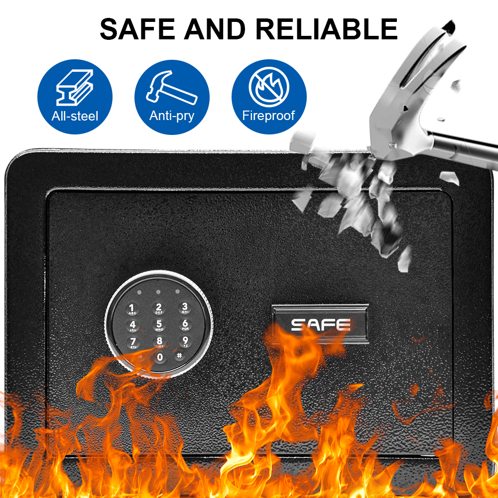 All Steel Safety Box Wall Mountable Fireproof Mini Safe Box Keypad and Key Dual Unlock Methods with Removable Shelf for Home Office Hotel Money Safe