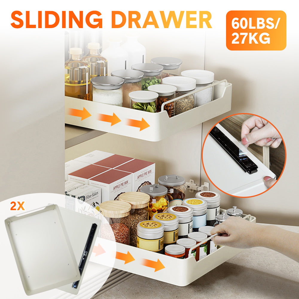 2 Pack Sliding Out Drawer Pull Out Storage Cabinet Under Sink Organiser with Adhesive Nano Film for Kitchen Pantry Bathroom Cabinet Organizer Max Load 27KG