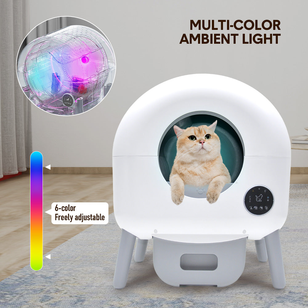 76L Large Self-cleaning Automatic Cat Litter Box Electric Pet Litter Tray Smart APP Controlled Safety Protection and 6 Color Lighting with Garbage Bag