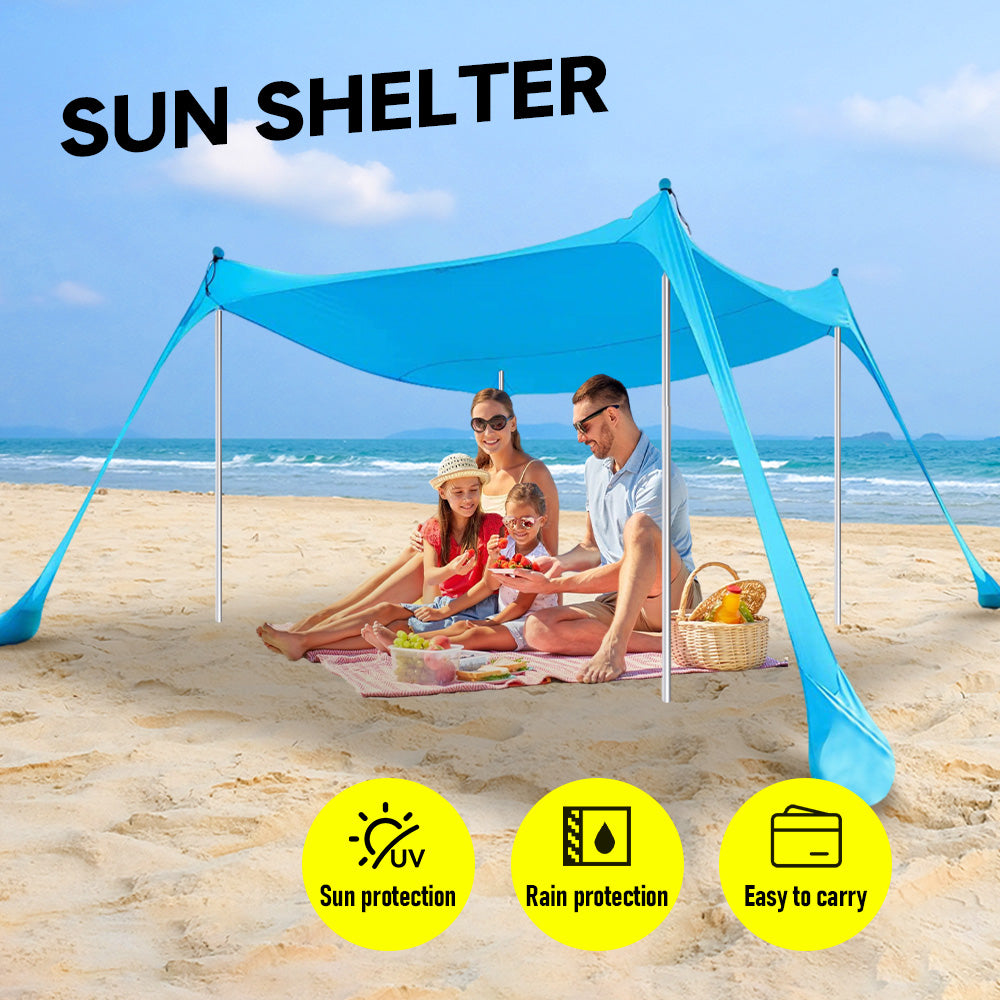 Portable Beach Tent Family Windproof Sun Shade UPF50+ UV Protection 10X10ft Canopy with 4 Stability Poles Ground Peg and Sand Shovel for Camping Fishing