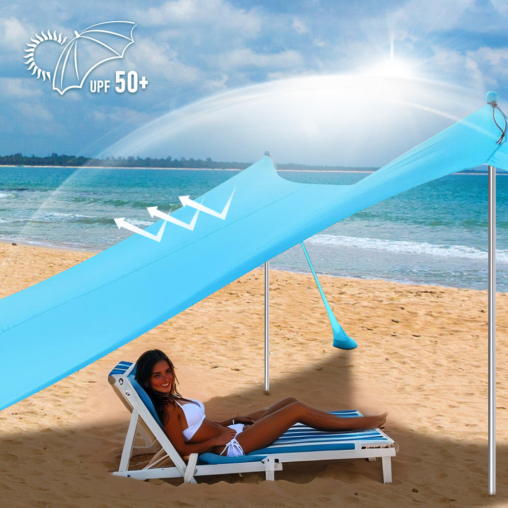 Portable Beach Tent Family Windproof Sun Shade UPF50+ UV Protection 10X10ft Canopy with 4 Stability Poles Ground Peg and Sand Shovel for Camping Fishing