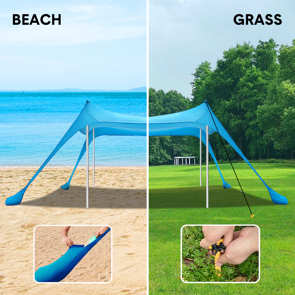 Portable Beach Tent Family Windproof Sun Shade UPF50+ UV Protection 10X10ft Canopy with 4 Stability Poles Ground Peg and Sand Shovel for Camping Fishing