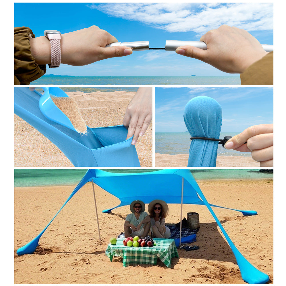 Portable Beach Tent Family Windproof Sun Shade UPF50+ UV Protection 10X10ft Canopy with 4 Stability Poles Ground Peg and Sand Shovel for Camping Fishing