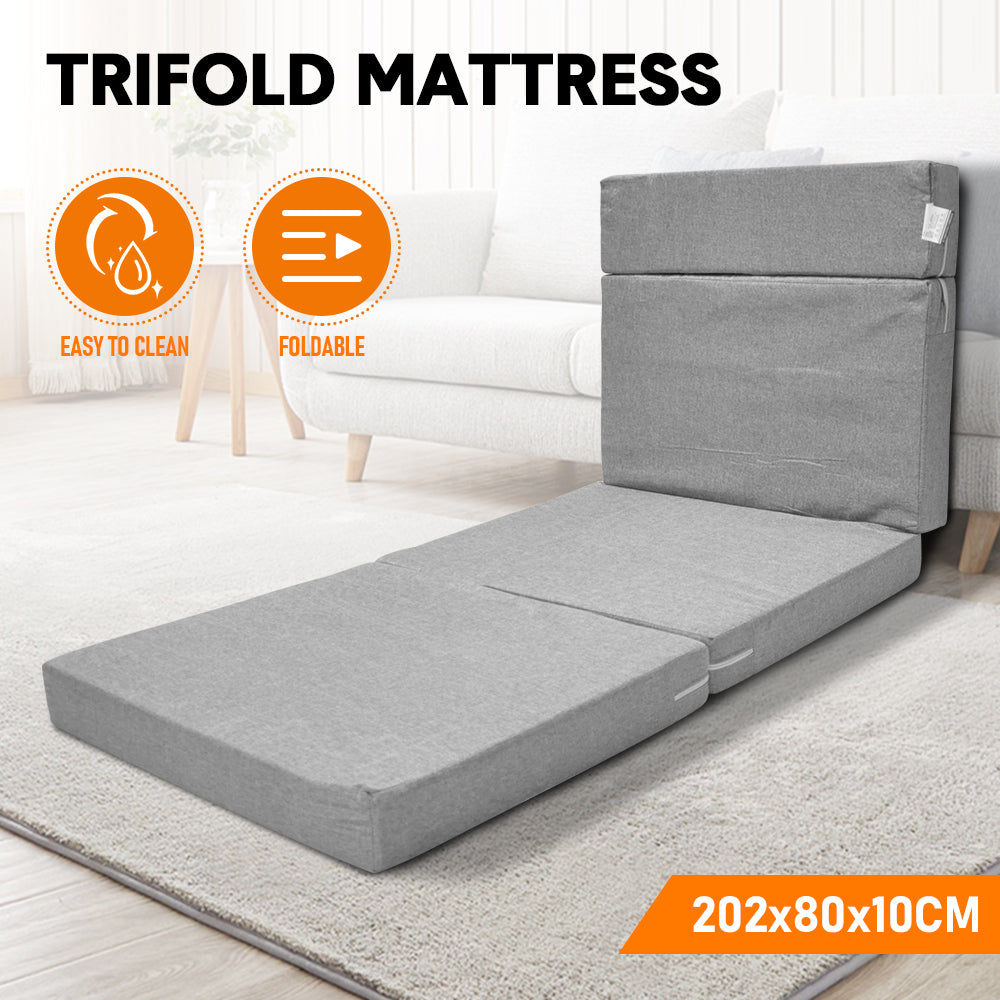 Trifold Mattress High Resiliency Foam Foldable Mattress Tri Folding 10cm Thickness per Layer with Zipper Washable Cover for Guests Bed/Travel/Yoga Grey