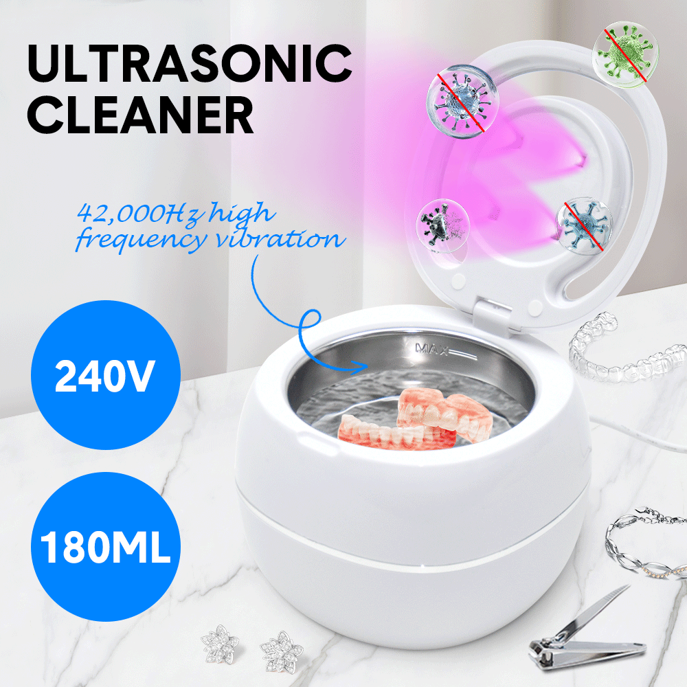 Ultrasonic UV Cleaner Portable 42khz Dual Mode Cleaner 180-220ml with Chamber and Timer for Dentures Aligner Retainer Dental and Jewellery Cleaning Machine