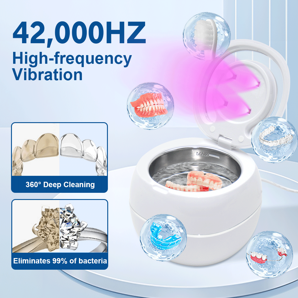 Ultrasonic UV Cleaner Portable 42khz Dual Mode Cleaner 180-220ml with Chamber and Timer for Dentures Aligner Retainer Dental and Jewellery Cleaning Machine