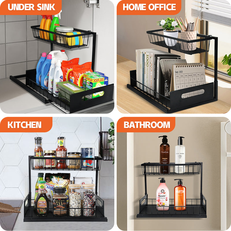 2Pcs Under Sink Organizers 2 Tier Rack Drawer Sliding Shelf Easy Accessibility Metal Pull out Slide out Storage For Home Kitchen Bathroom Storage Black