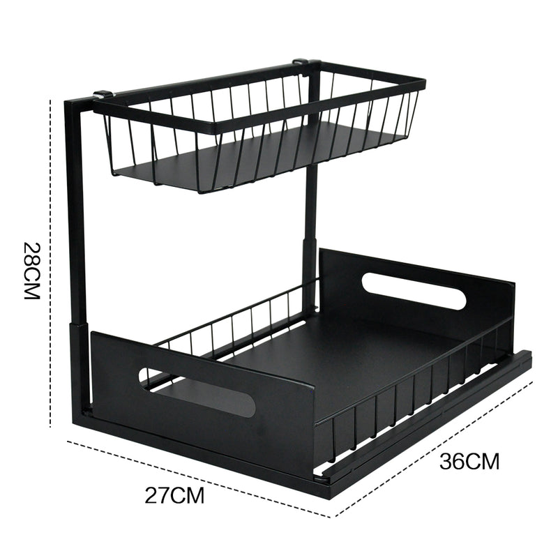 2Pcs Under Sink Organizers 2 Tier Rack Drawer Sliding Shelf Easy Accessibility Metal Pull out Slide out Storage For Home Kitchen Bathroom Storage Black