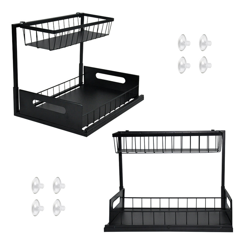 2Pcs Under Sink Organizers 2 Tier Rack Drawer Sliding Shelf Easy Accessibility Metal Pull out Slide out Storage For Home Kitchen Bathroom Storage Black