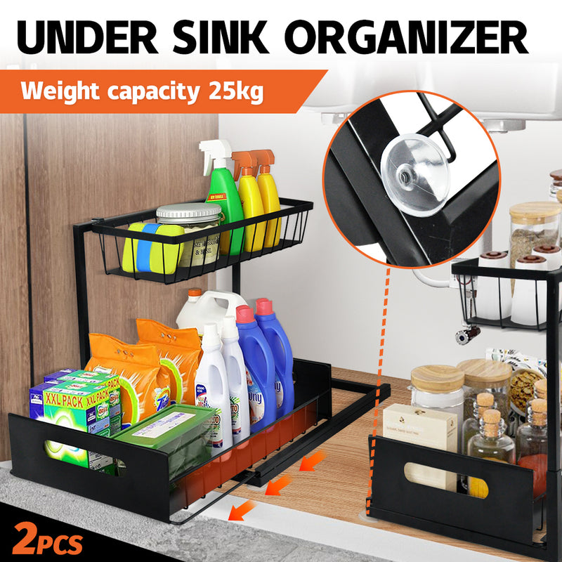 2Pcs Under Sink Organizers 2 Tier Rack Drawer Sliding Shelf Easy Accessibility Metal Pull out Slide out Storage For Home Kitchen Bathroom Storage Black