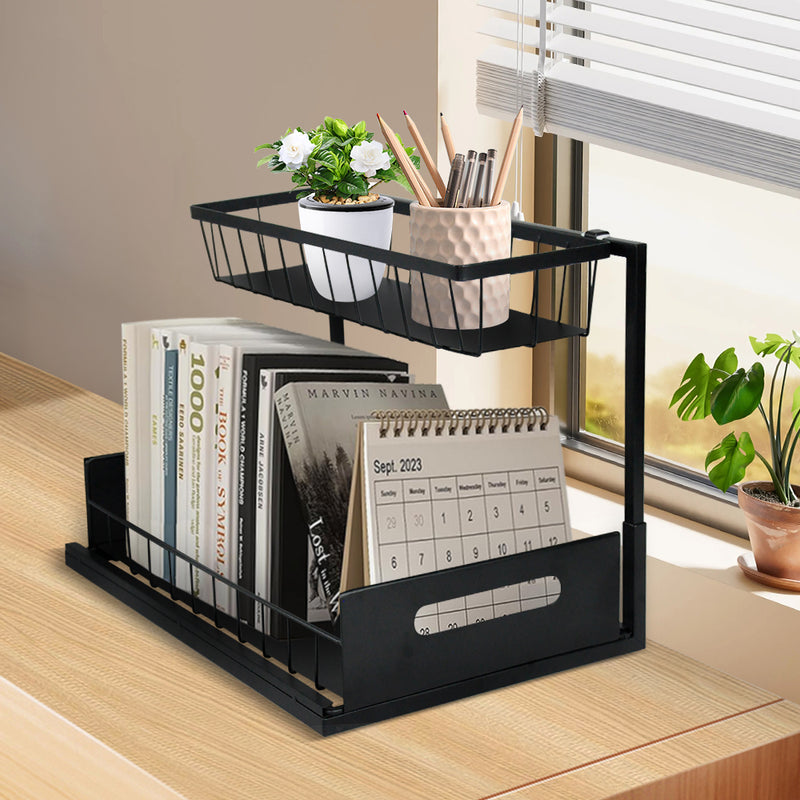 2Pcs Under Sink Organizers 2 Tier Rack Drawer Sliding Shelf Easy Accessibility Metal Pull out Slide out Storage For Home Kitchen Bathroom Storage Black