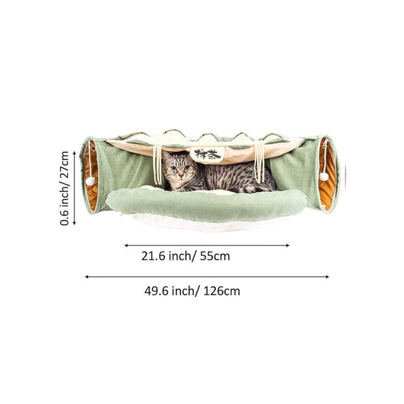 Cat Bed with Tunnel Large Foldable Soft Cushion Bedding Matcha Washable 2-in-1 Cat Bed