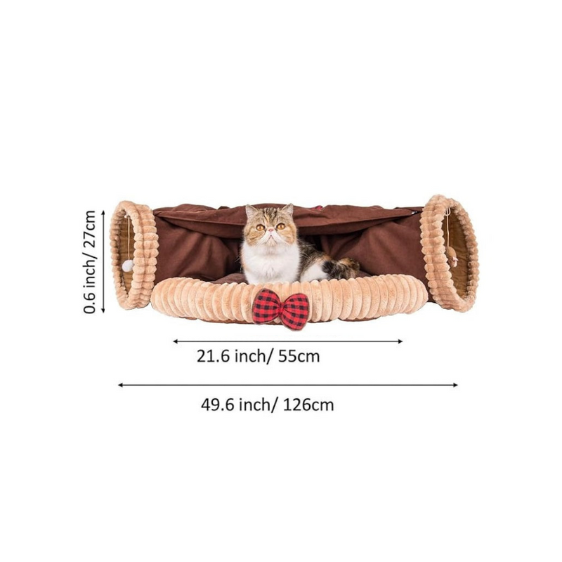 Cat Bed with Tunnel Large Foldable Soft Cushion Bedding Chocolate Washable 2-in-1 Cat Bed